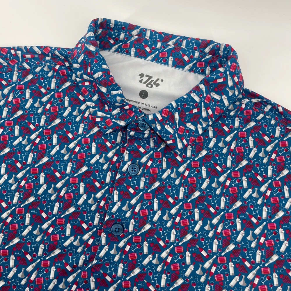 1764 Golf Polo Shirt Mens‎ Large Blue Wine Vineyard Print Performance Stretch
